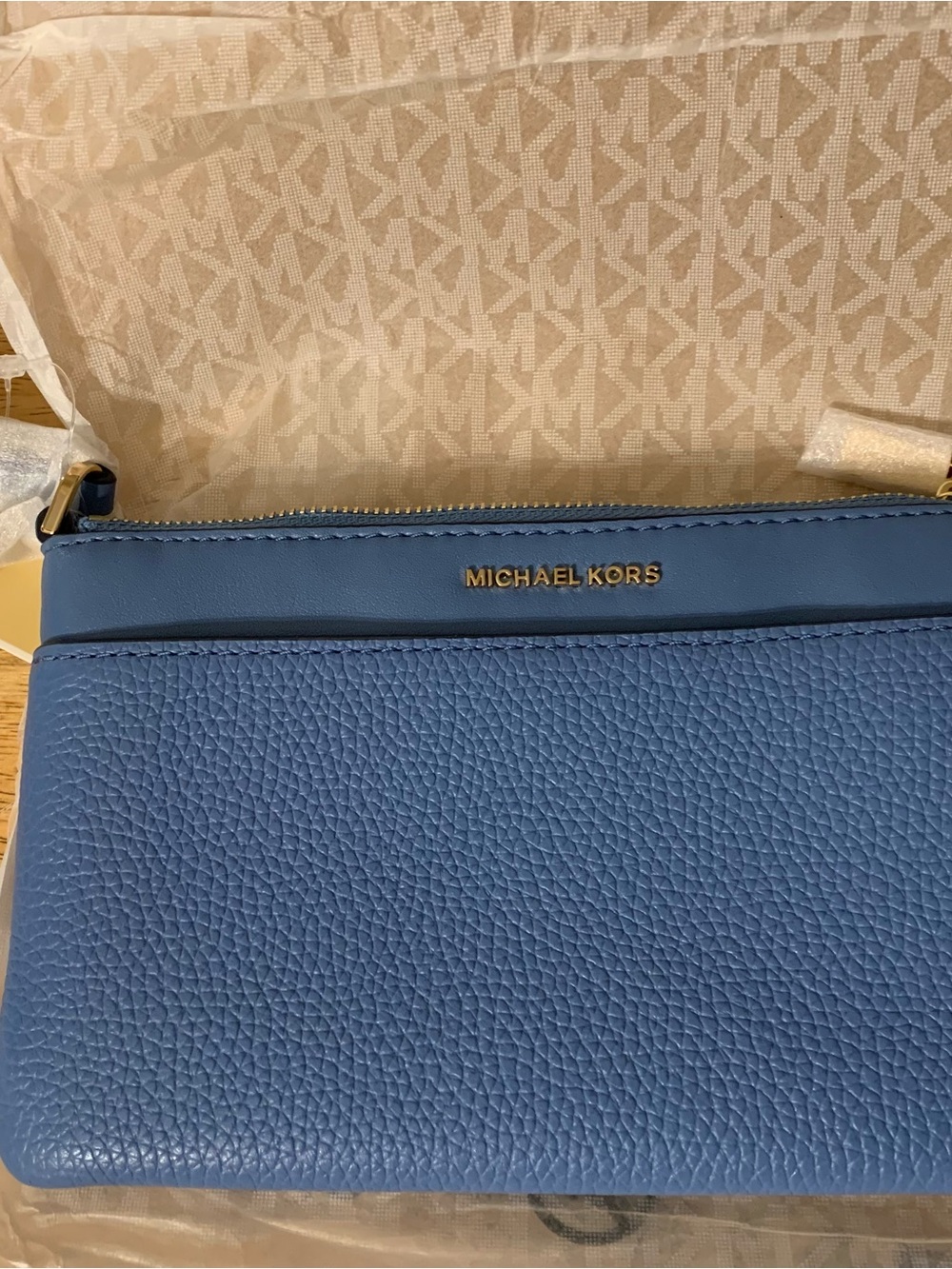 Michael Kors Blue Pebbled Leather Crossbody Wristlet with Gold Logo